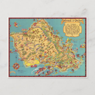 Postal Mapa vintage de la isla de Oahu