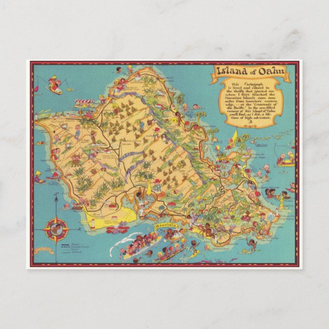 Postal Mapa vintage de la isla de Oahu (Anverso)