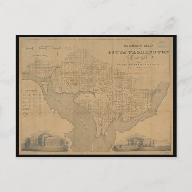 Postal Mapa Vintage de Washington DC 1820 (Anverso)