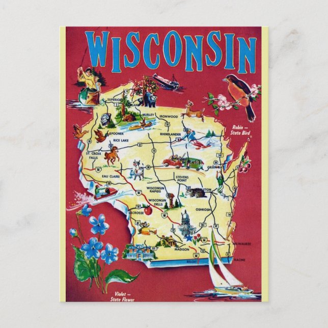 Postal Mapa Vintage de Wisconsin (Anverso)