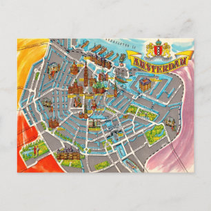 Postal Mapa vintage ilustrado de Ámsterdam