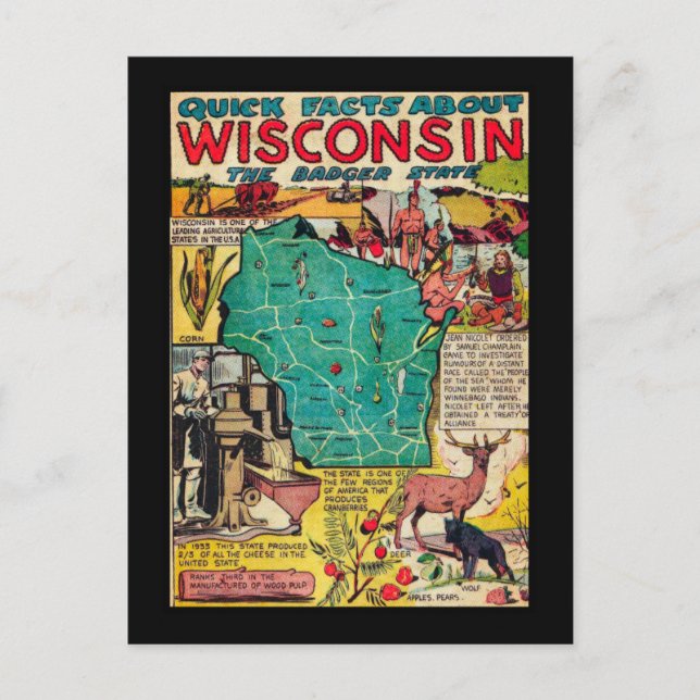 Postal Mapa y hechos de Wisconsin (Anverso)