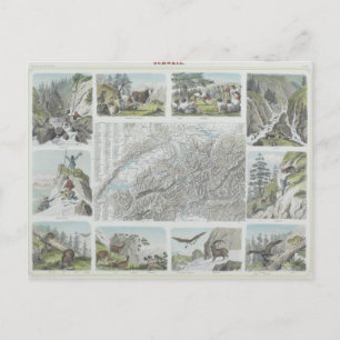 Postal Mapa y viñetas de los Alpes suizos