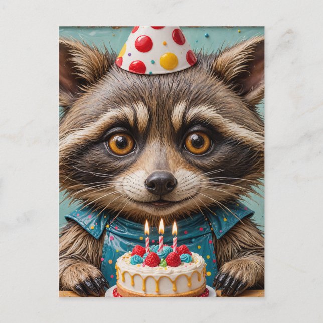 Postal Mapache Adorable Con un Pastel de Cumpleaños (Anverso)