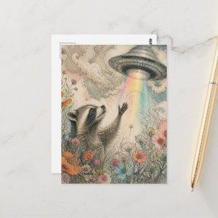 Postal Mapache adorable en flores silvestres y el OVNI