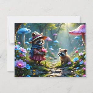 Postal Mapache adorable todo vestido con saludo de rosa