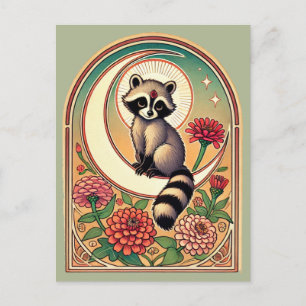 Postal Mapache con Zinnias