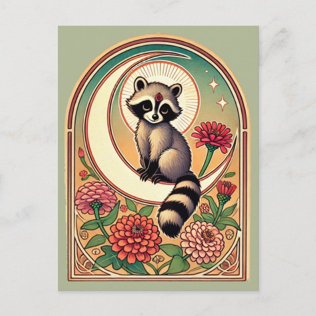 Postal Mapache con Zinnias (Anverso)