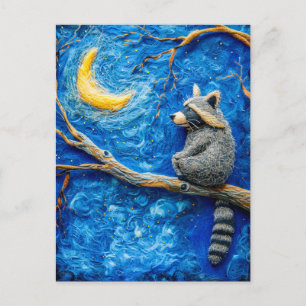 Postal Mapache de Fieltro en una Rama Bajo Luna Llena