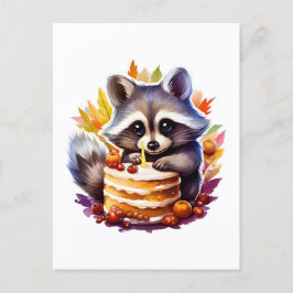 Postal Mapache de otoño con pastel de cumpleaños número u