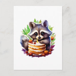 Postal Mapache de verano primavera con un pastel de cumpl