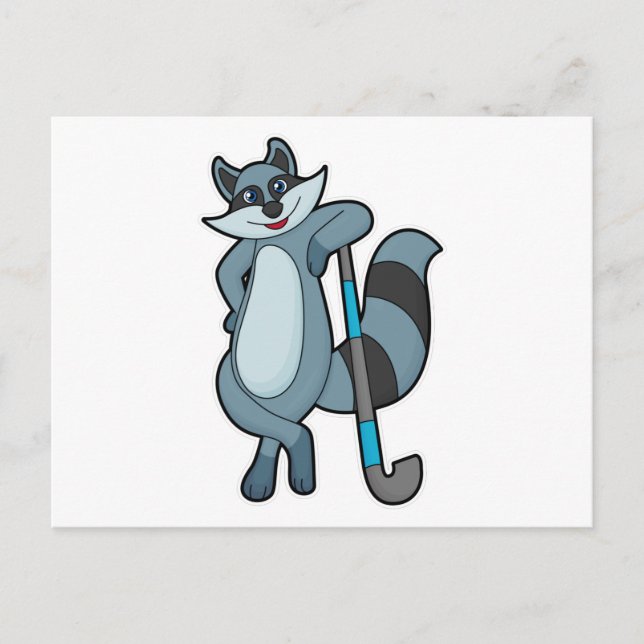 Postal Mapache en hockey con palo de hockey (Anverso)