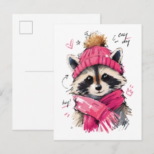 Postal Mapache Lindo Día Acogedor con Sombrero y Bufanda
