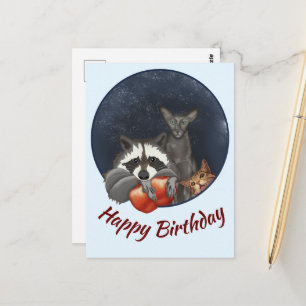 Postal Mapache y gatos con manzanas Feliz Cumpleaños