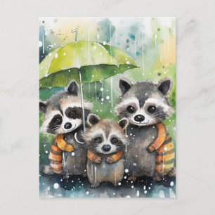 Postal Mapaches Adorables en la Lluvia