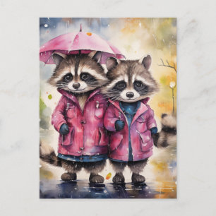 Postal Mapaches Adorables en la Lluvia
