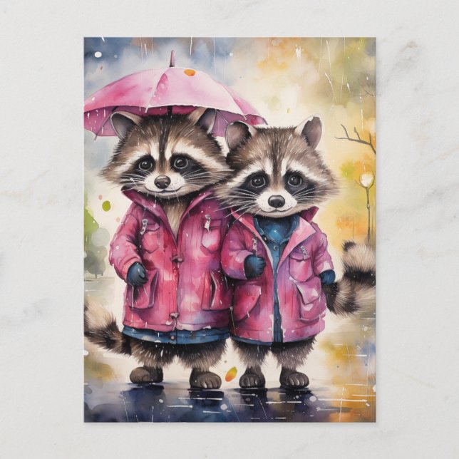 Postal Mapaches Adorables en la Lluvia (Anverso)