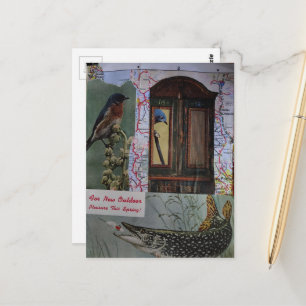 Postal Mapas con aves y peces collage retro