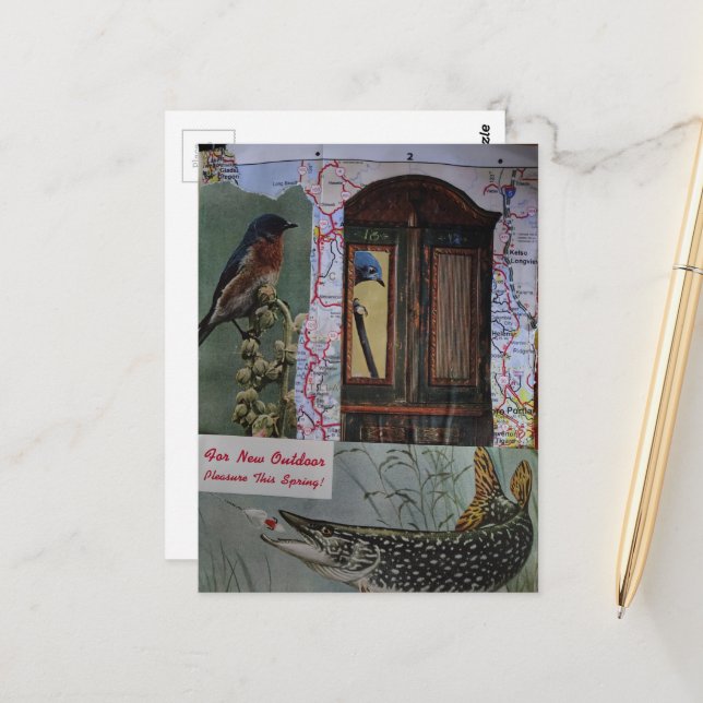 Postal Mapas con aves y peces collage retro (Anverso/Reverso In Situ)