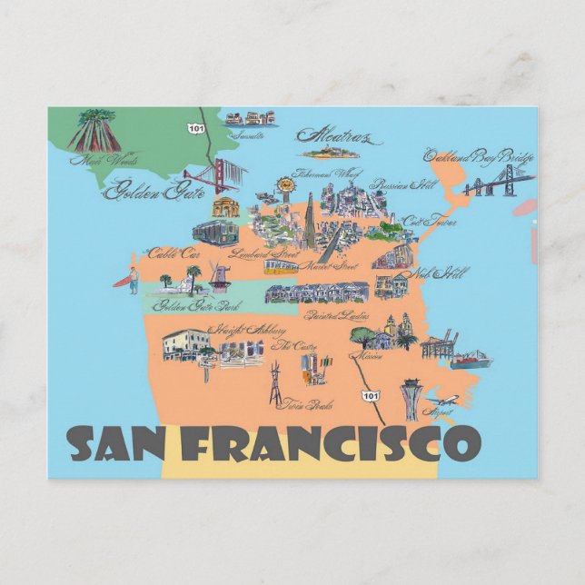 Postal Mapas destacados de San Francisco California (Anverso)