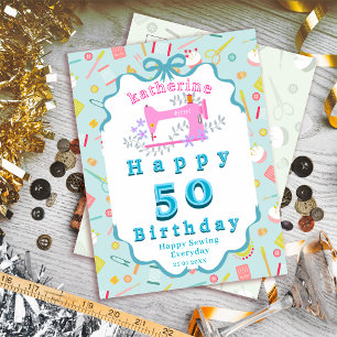 Postal Máquina de coser azul de cumpleaños para costurera