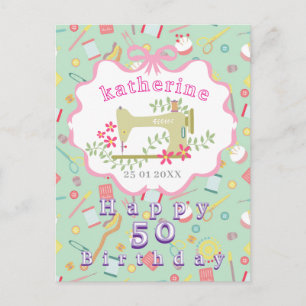 Postal Máquina de coser cumpleaños costurera azul verde r