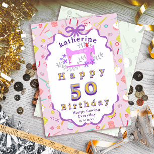 Postal Máquina de coser cumpleaños costurera púrpura