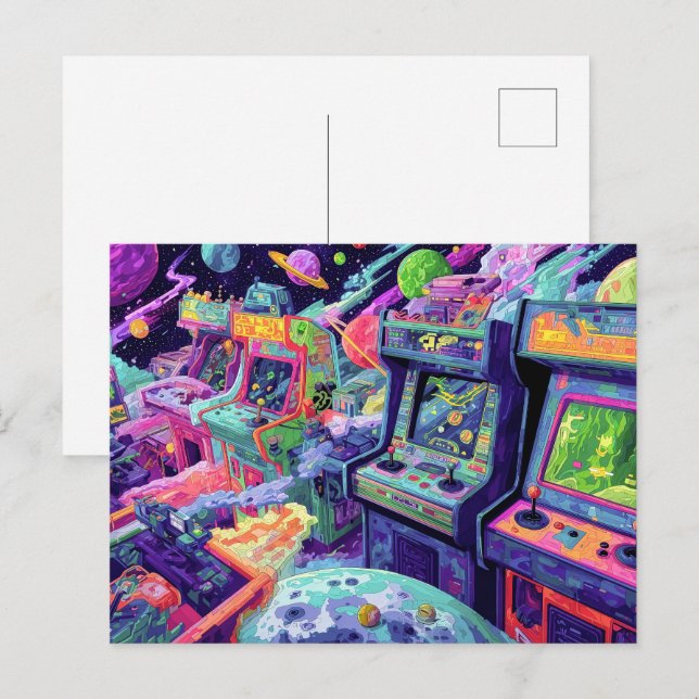 Postal Máquinas de Arcade Retro en el Espacio (Anverso / Reverso)