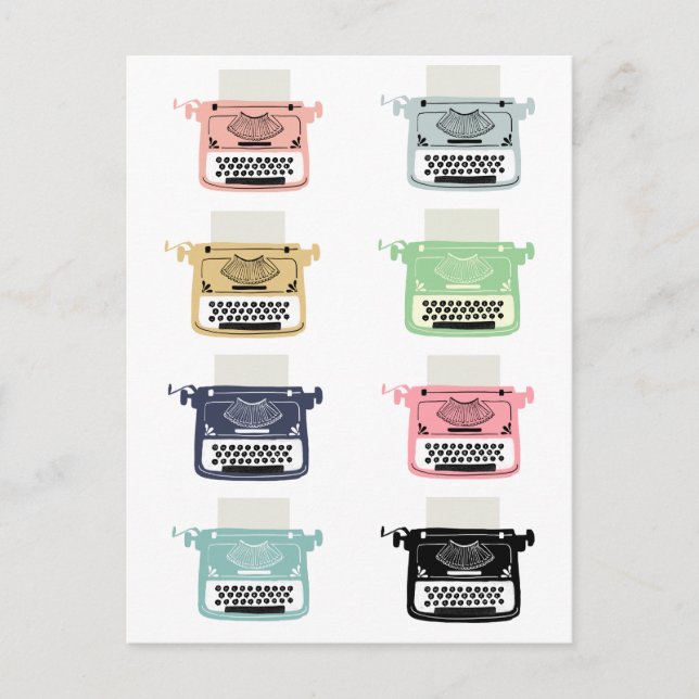 Postal Máquinas retro de escribir antiguas, rosa, azul, a (Anverso)