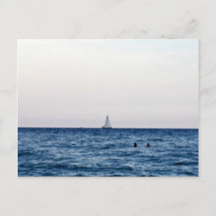 Postal Mar Calmo Azul Con Velero En Horizonte Blanco