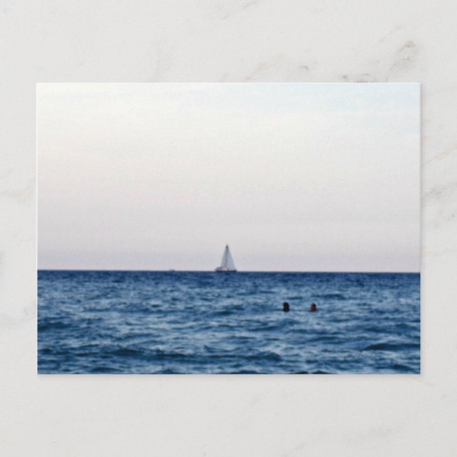 Postal Mar Calmo Azul Con Velero En Horizonte Blanco (Anverso)