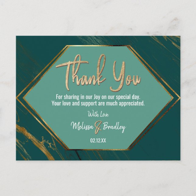 Postal Marble geométrico de oro verde esmeralda gracias (Anverso)