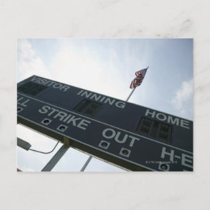 Postal Marcador de béisbol con bandera estadounidense