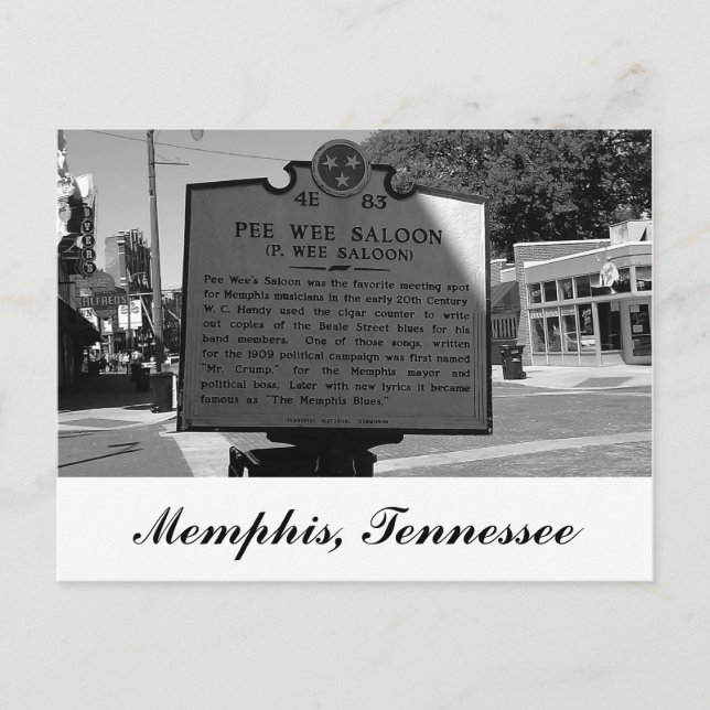 Postal Marcador Histórico Pee Wee Saloon Memphis Tennesse (Anverso)