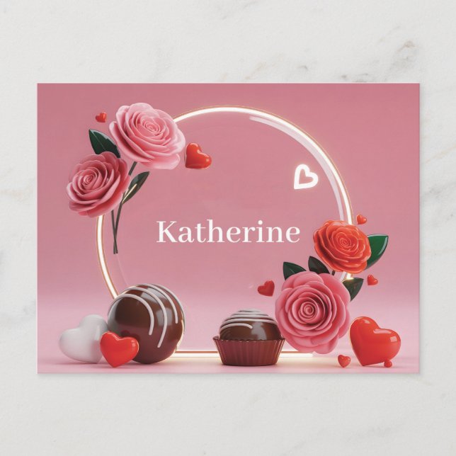 Postal Marco circular romántico de vidrio con rosas y nom (Anverso)