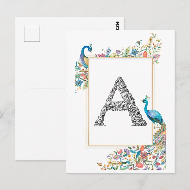 Postal Marco con pavos reales y flores de acuarela - A (Anverso / Reverso)