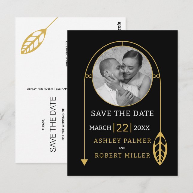 Postal Marco dorado moderno con hoja y boda fotográfico (Anverso / Reverso)