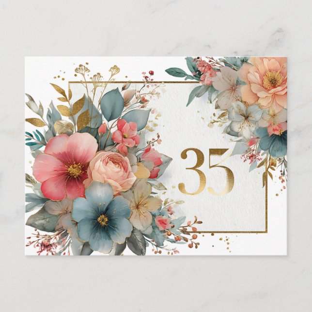 Postal Marco Floral con Número 35 para Aniversario (Anverso)