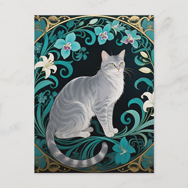 Postal Marco Floral Ornamentado de Gato Gris (Anverso)