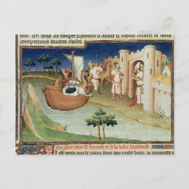Postal Marco Polo con elefantes y camellos llegando (Anverso)