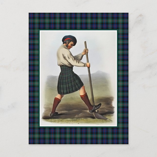 Postal Marco Tartán Rosa de clan Vintage Ilustracion (Anverso)