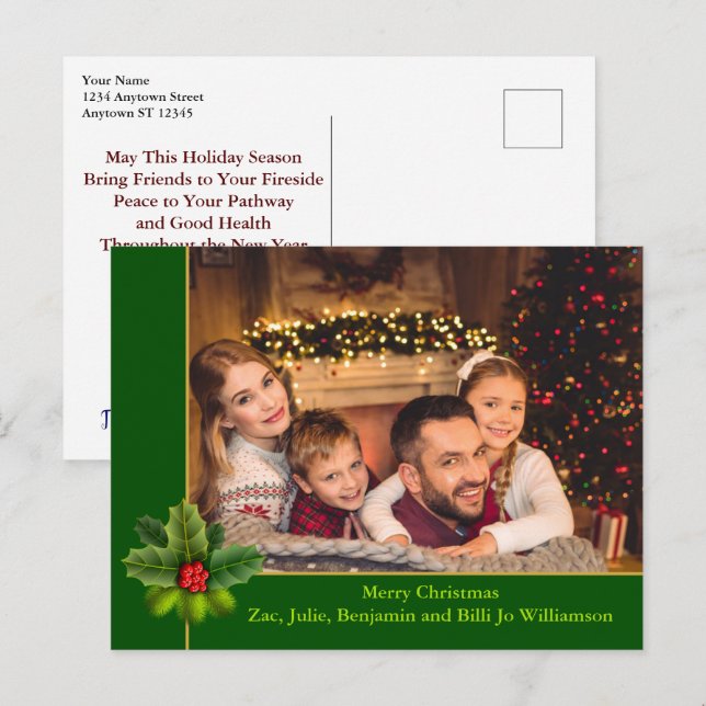 Postal Marco verde y dorado de los navidades con fotograf (Anverso / Reverso)