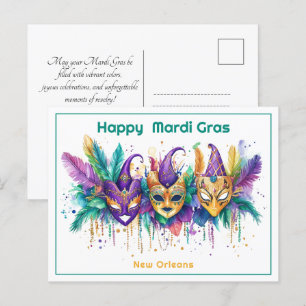 Postal 💚 💜 💛 Mardi Gras acuarela Masked Mischief Maker