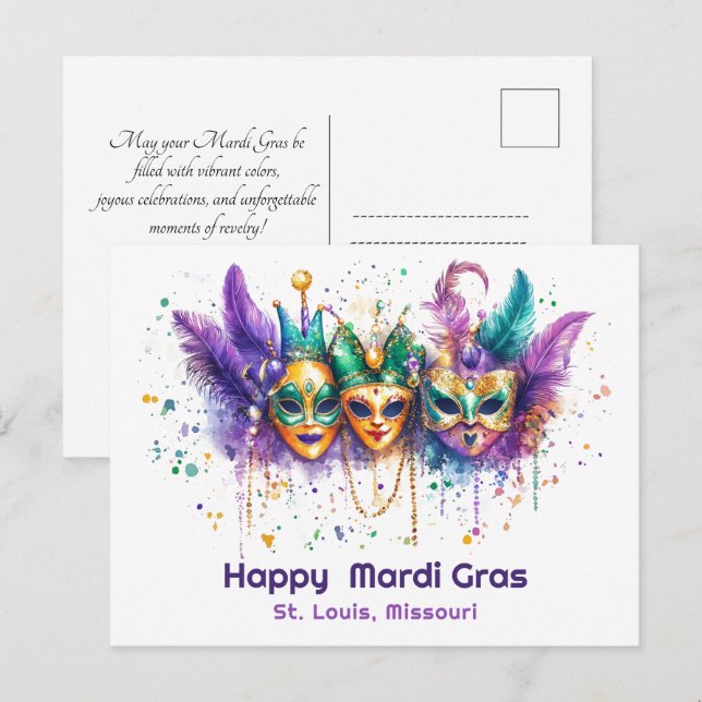 Postal 💚 💜 💛 Mardi Gras acuática Harlequin Havoc (Anverso / Reverso)