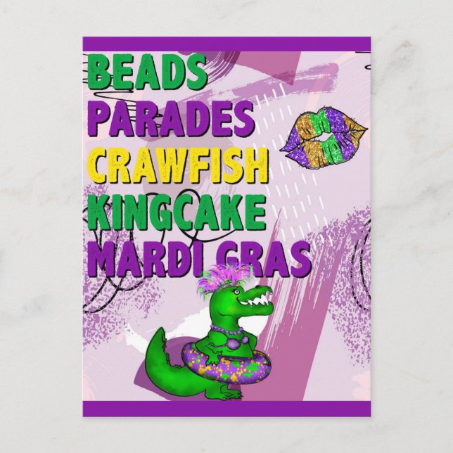Postal Mardi Gras Alligator Purple Green Gold (Anverso)