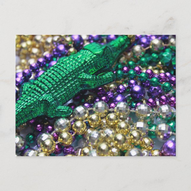 Postal Mardi Gras Beads & Green Gator Postcard (Anverso)
