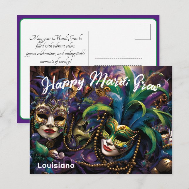 Postal 💚 💜 💛 Mardi Gras con máscaras hermosas (Anverso / Reverso)
