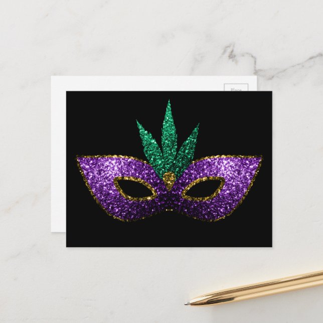 Postal Mardi Gras Mask Morple Green Gold Sparkings negro (Anverso/Reverso In Situ)