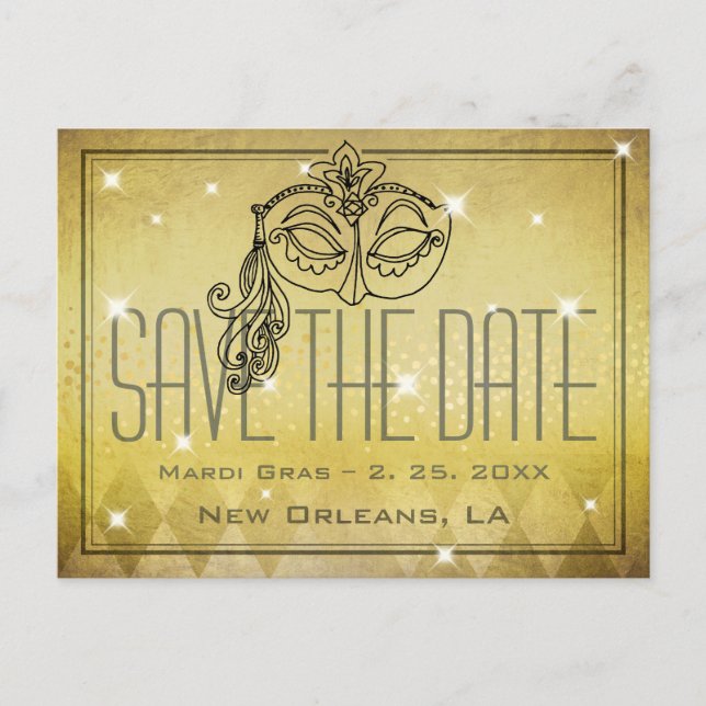 Postal Mardi Gras Masquerade Mask Gold Save the Date (Anverso)