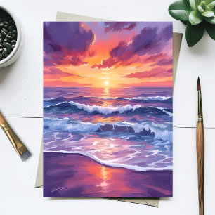 Postal Marea Violeta   Olas del Océano Pintadas al Atarde